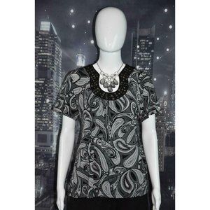 Apt.9 Petite Large Black and Gray Paisley Print Top with Beaded Neckline